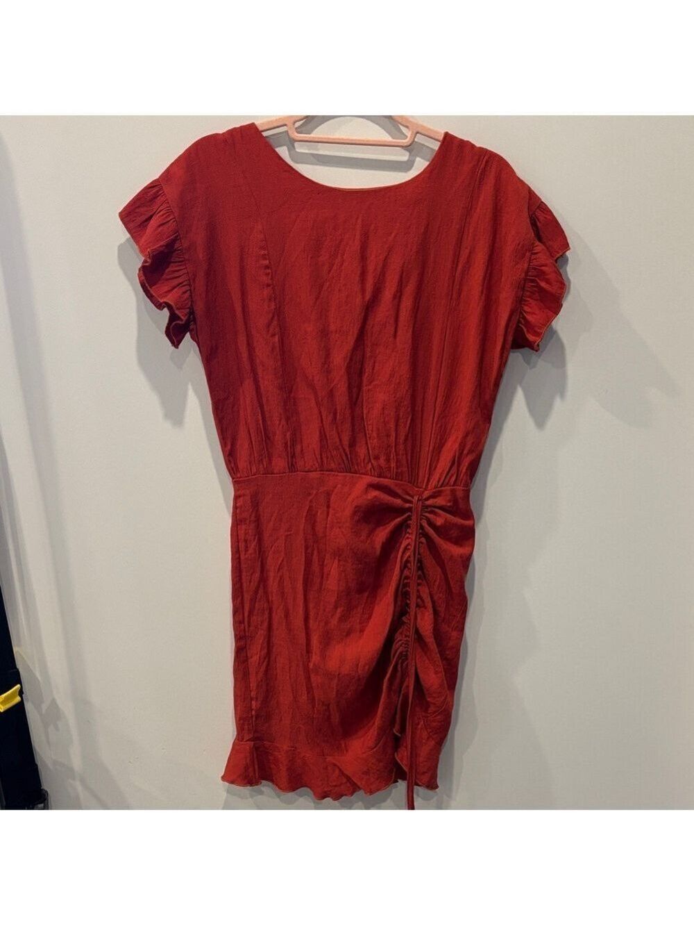 Windsor Red Ruched Drawstring Ruffle Mini Dress Date Night S 0577 - Picture 3 of 10